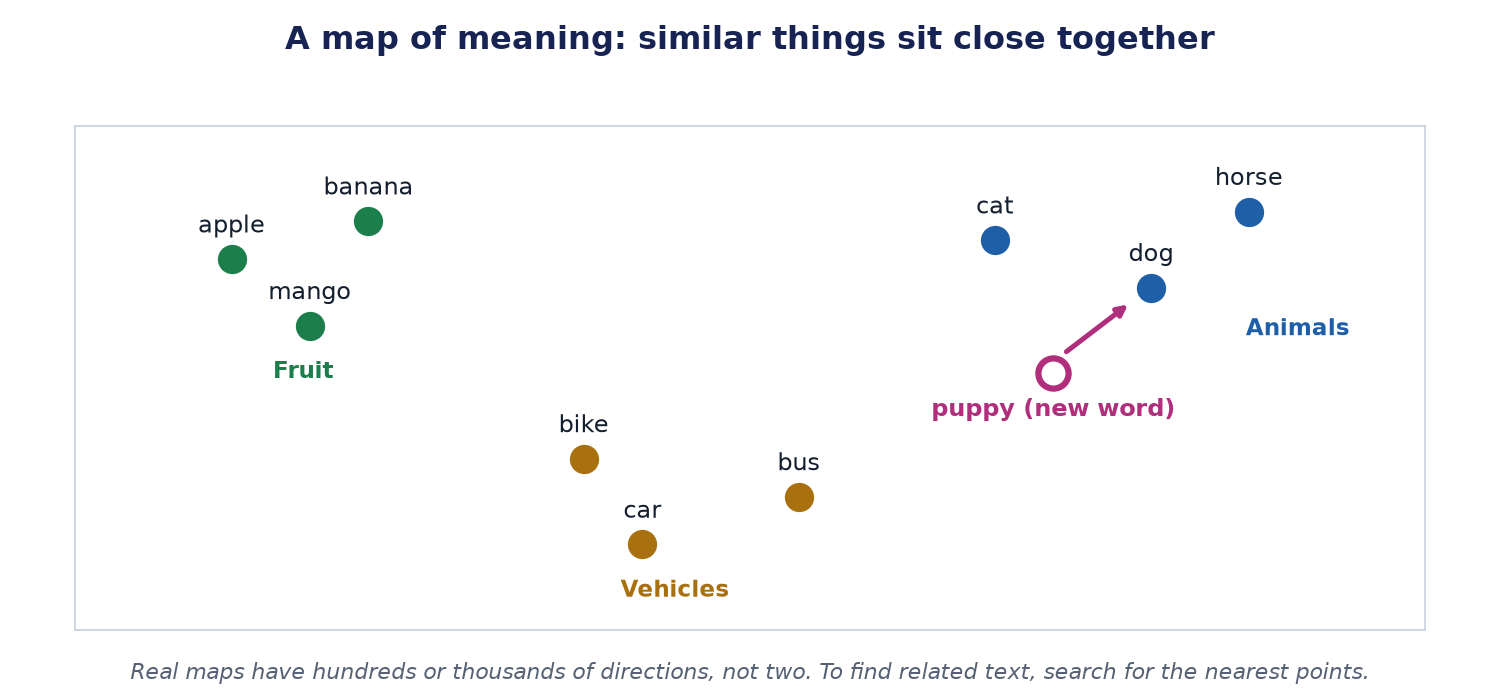 A two-direction map. Fruits sit together on the left, animals on the right, vehicles at the bottom. A new word, puppy, lands near dog and cat.