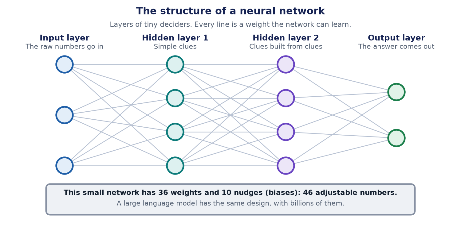 A neural network drawn as columns of circles. An input layer of three circles, two hidden layers of four, and an output layer of two. Every circle is joined to every circle in the next layer by a line, and each line is a weight.