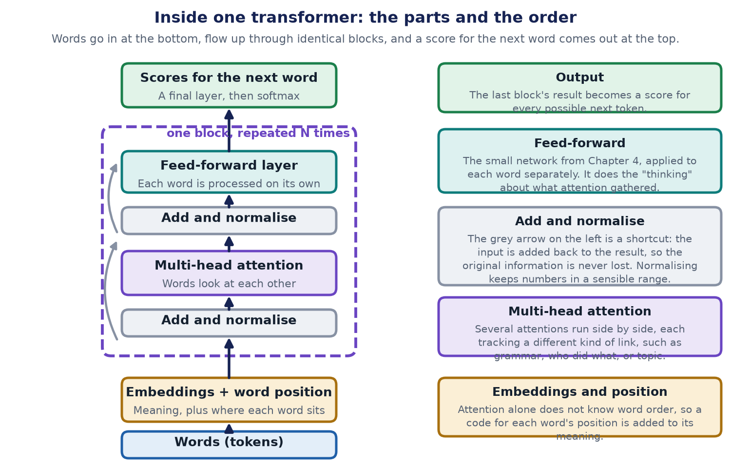 A vertical stack. Words go in at the bottom, then embeddings with word position. A dashed box labelled one block repeated N times holds add and normalise, multi-head attention, add and normalise, then a feed-forward layer. Scores for the next word come out at the top.